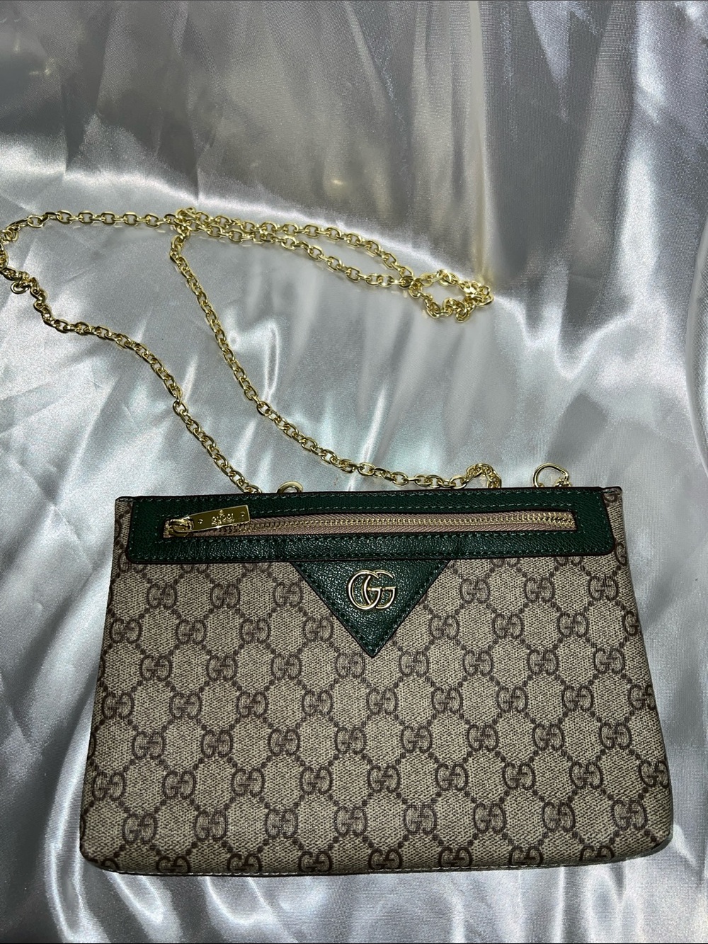 Beige GG Canvas Crossbody with Green Trim and Gold Chain